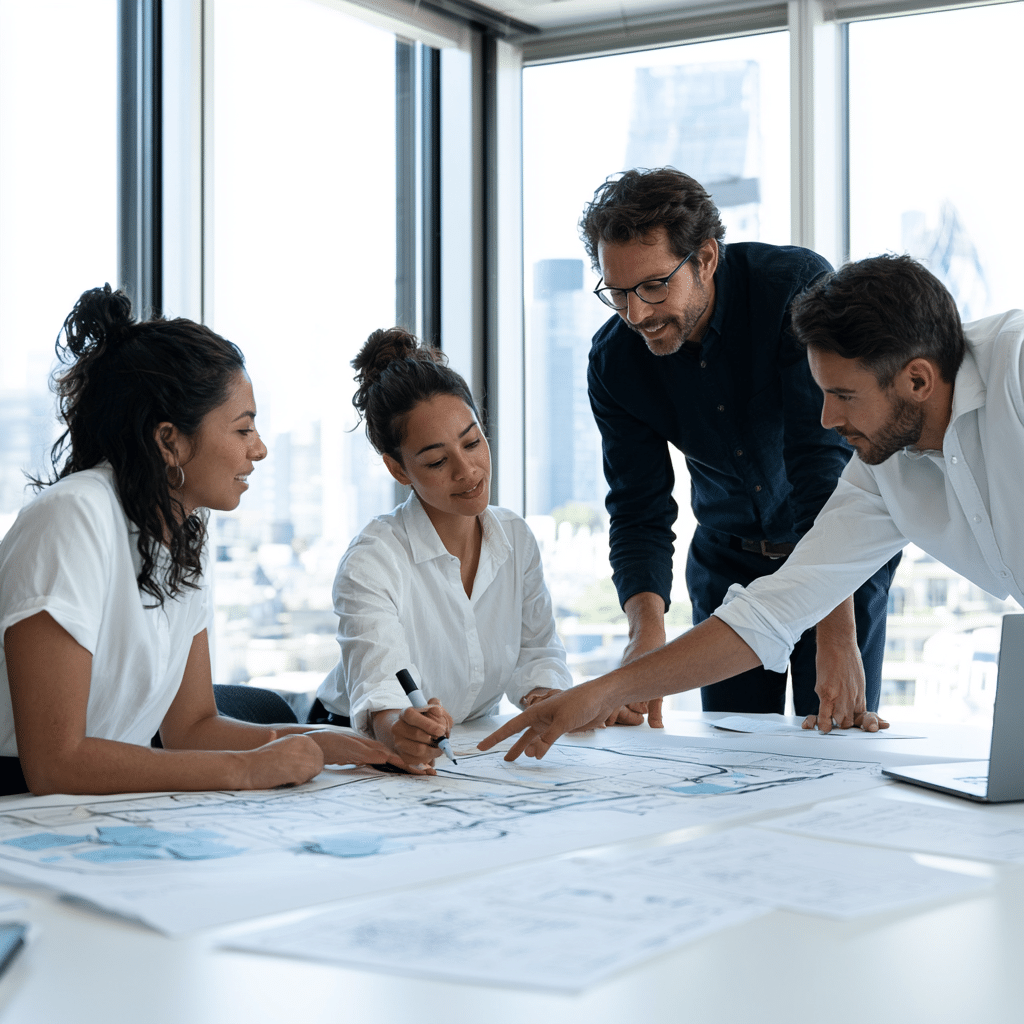 Four colleagues around a meeting table reviewing large printed journey maps marked with sticky notes